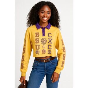 Cross Colours Top Womens M‎ Yellow Cropped BSU CXC Hip Hop Retro Streetwear Polo